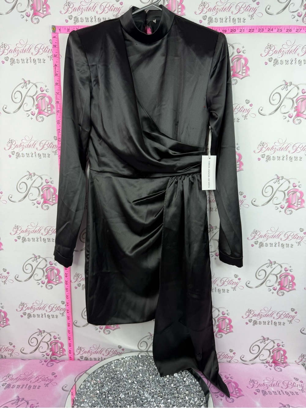 Torn by Ronny kobo Lara dress shiny Black Satin Long-Sleeve Draped Mini Dress